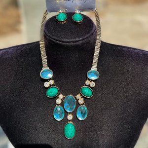 Jeweled Bling Necklace Chunky Turquoise & Green Crystal Rhinestone Dressy Set